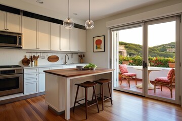 Bright Culinary Studio with Dining Nook, Storage Cabinets, and Panoramic Terrace Window