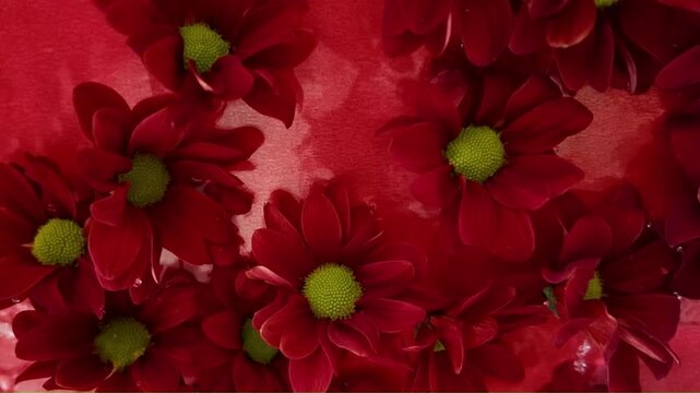 Red chrysanthemum flowers move in the water. Tiny chrysanthemum blossoms float in the water. Red chrysanthemum blooms on a scarlet background. Slow motion