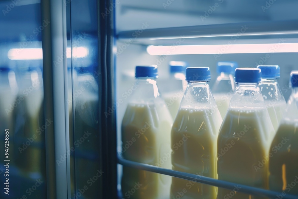 Poster a refrigerator filled with multiple bottles of milk, great for everyday use or a commercial setting