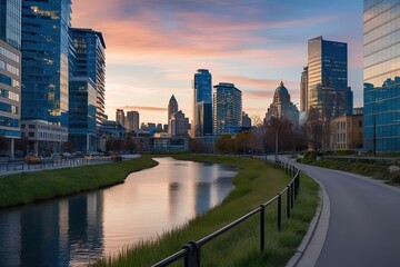 Fototapeta premium Peaceful City Pathway Next to Contemporary Office Buildings and Skyline