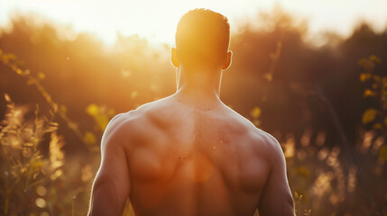 A man stands in a field, bathed in the golden light of the setting sun