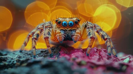Fototapeta premium Spider sitting on a web in the middle of the photo with a soft focus background and glowing spots.
