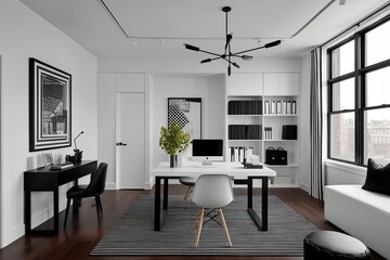 Fototapeta premium Sophisticated Black and White Minimalist Studio Office Interior Design Ideas