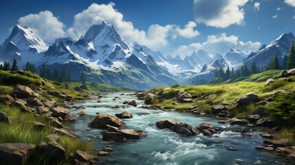 Fototapeta premium The Mountain Stream Flows Around The Rocks