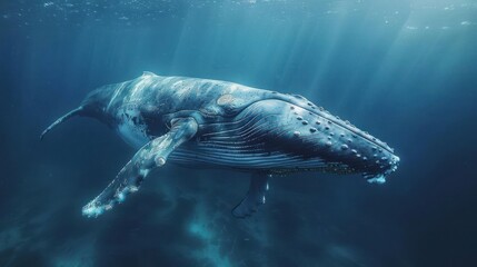Obraz premium A majestic underwater scene featuring the tail end of a large humpback whale,
