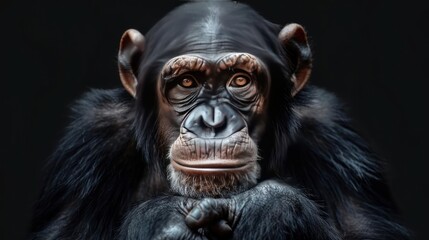 A well-dressed monkey with a human-like expression, sitting and looking upward.