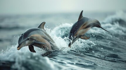 Obraz premium Two dolphins leaping out of water, likely performing a playful behavior known as 'porpoising'