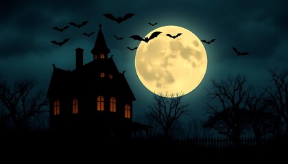 A spooky haunted house with glowing windows stands silhouetted against a full moon and a dark, stormy sky, with bats flying overhead.