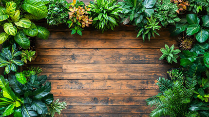 Symmetrical Arrangement of Tropical Plants on Wooden Deck in Top-Down View