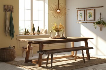 Bright Tranquil Room Mockup with Rustic Wooden Table and Stylish Decor