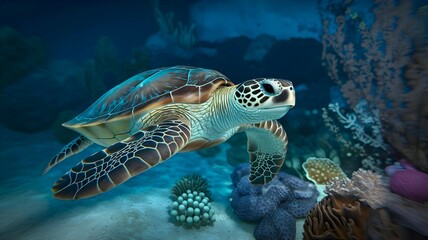 Obraz premium A turtle is swimming in a deep ocean underwater