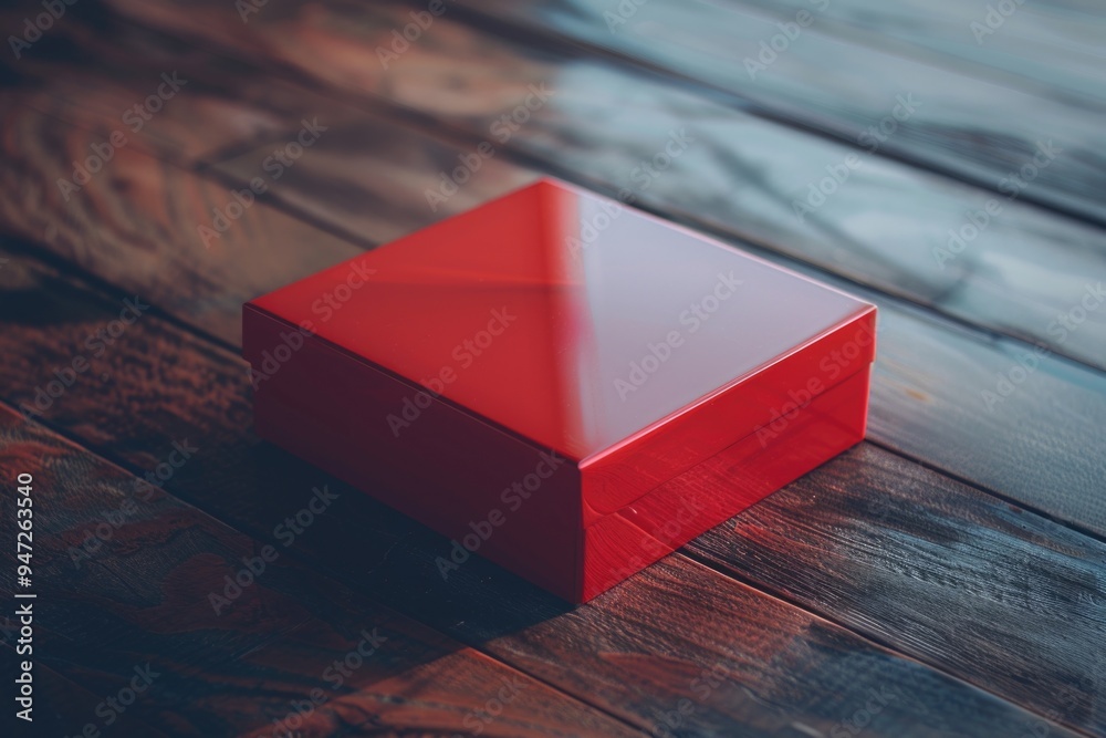 Poster a simple red box sits on the surface of a wooden floor