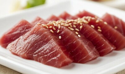 Elegant Seared Tuna Slices with Sesame Seeds on White Plate. Gourmet Seafood Dish for Fine Dining Restaurants, Health-Conscious Menus, and Culinary Marketing. Perfect for Upscale Dinners, Date Nights,