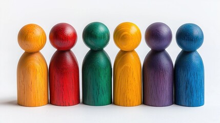 Inclusion, image representing a concept of inclusion, colored wooden pieces shaped like persons, unity in diversity