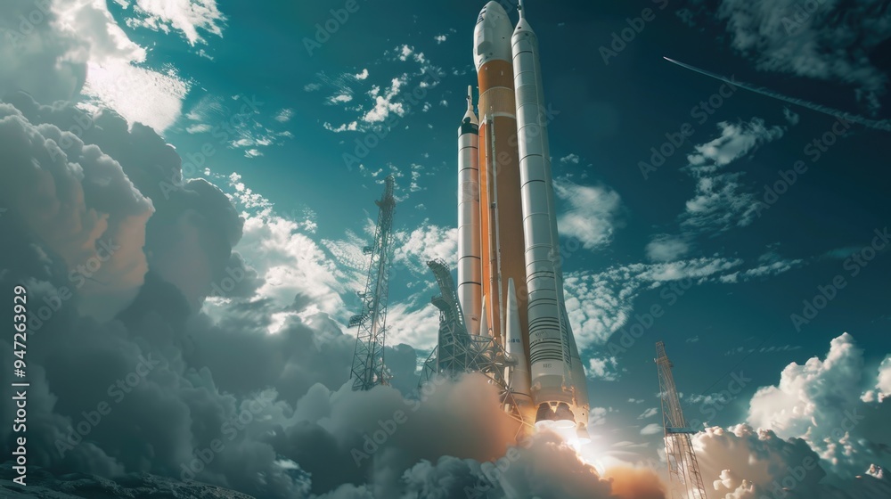 Poster a space shuttle lifting off from the launchpad, leaving behind a trail of smoke and flames