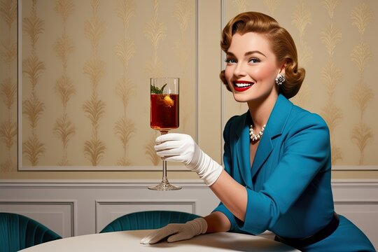Stylish Vintage Woman Toasting with a Highball Against a Chic Background