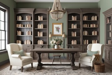 Chic 3D Mockup Example in an Elegant Farmhouse Library Decor