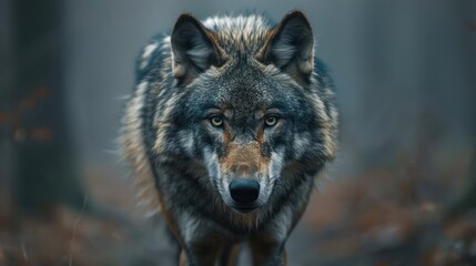 Fototapeta premium the powerful presence of a gray wolf walking through a misty forest with its piercing gaze and impos