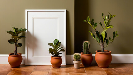 Fototapeta premium Indoor potted plants with white frame on olive green wall