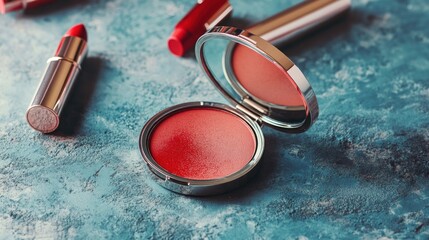 Close-up of Red Blush and Lipstick on Blue Background