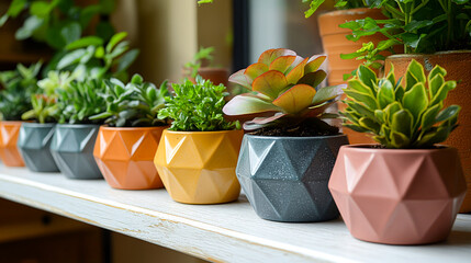 Modern Indoor Garden - Stylish Houseplants in Geometric Pots on White Shelf