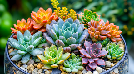 Obraz premium Lush Succulents in Terrarium with Decorative Stones - Top-down View of Green Plants in Glass Container for Home Decor