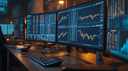 Trading Desks Multiple monitors displaying complex financial data and stock charts, arranged in a grid on a trading desk Bright, sharp lighting, focus on the screen details