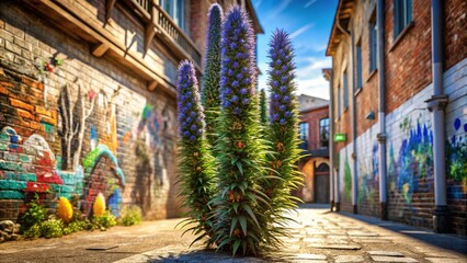 Fototapeta premium A 3D illustration of a distressed Echium plant stands tall in a sunlit alley, surrounded by vibrant graffiti, its delicate petals wilting amidst the urban grit.