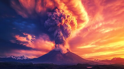 Volcanic Eruption A dramatic scene of a volcanic eruption with billowing clouds of ash and smoke