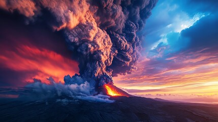 Volcanic Eruption A dramatic scene of a volcanic eruption with billowing clouds of ash and smoke