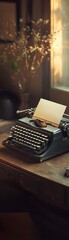 Vintage Typewriter A closeup of a vintage typewriter on a wooden desk, with a blank sheet of paper inserted Warm, soft lighting creates a nostalgic, cozy feel