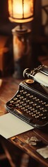 Vintage Typewriter A closeup of a vintage typewriter on a wooden desk, with a blank sheet of paper inserted Warm, soft lighting creates a nostalgic, cozy feel