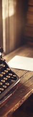 Vintage Typewriter A closeup of a vintage typewriter on a wooden desk, with a blank sheet of paper inserted Warm, soft lighting creates a nostalgic, cozy feel