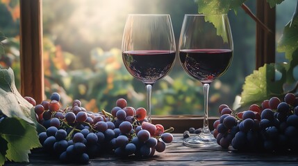 Wine and Grapes A still life of two wine glasses filled with red wine