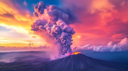 Volcanic Eruption A dramatic scene of a volcanic eruption with billowing clouds of ash and smoke