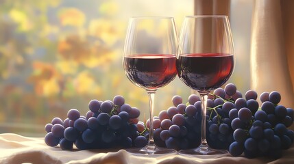 Wine and Grapes A still life of two wine glasses filled with red wine