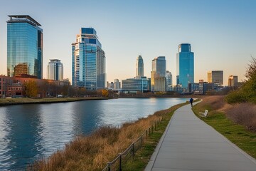 Obraz premium Serene City Pathway Adjacent to Contemporary Office Buildings and Skyline