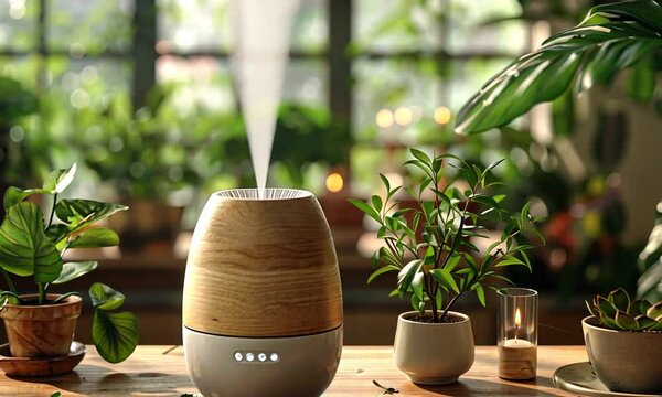 A close-up shot of a wooden essential oil diffuser on a table with plants in the background.