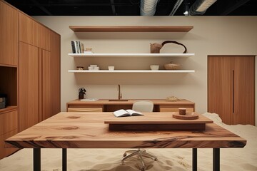 Elegant Wood Countertop and Clean Shelf Design in a Modern Sandy Studio Workspace