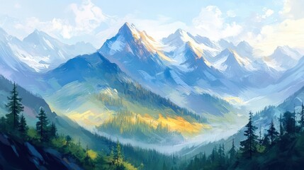 Fototapeta premium A picturesque painting depicting a snow-capped mountain range with a forest in the foreground, painted with soft, brushstrokes.