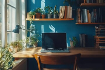 A laptop sits on a wooden desk in front of a window with plants on shelves in a room with teal walls.