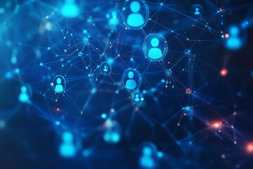 Obraz premium Abstract digital network with icons of people and a circle on a blue background