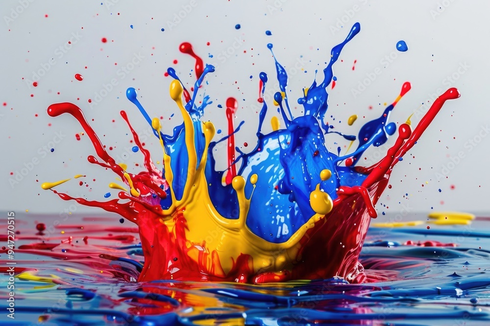 Poster a colorful splash of paint on the surface of calm water, great for artistic or creative concepts