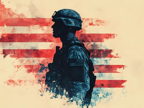 Veterans Day graphic material Patriotic American Flag and Military Memorabilia, American flag watercolor, Military boots silhouette, Soldier tribute