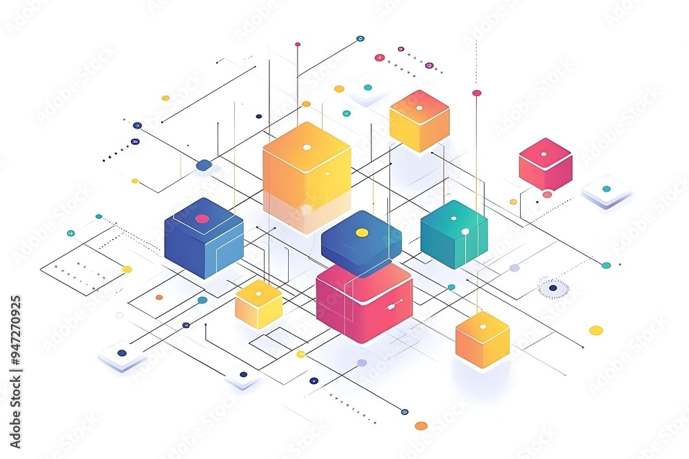 Canvas Prints minimalist line art of an isometric network with colorful blocks and dots