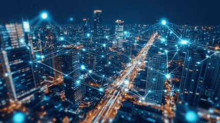 Futuristic Cityscape with Network Connections at Night