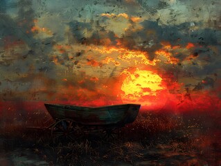Sunset over a Field with a Wooden Cart.