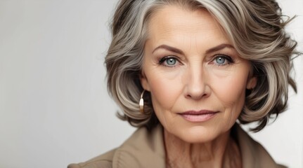 Naklejka premium Beautiful gorgeous middle age mature woman looking at camera isolated on white. Mature old lady close up portrait. Healthy face skin care beauty, skincare cosmetics, cosmetology concept copy space