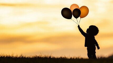 Silhouette of a child reaching for balloons in a field, embodying dreams and the desire to reach new heights