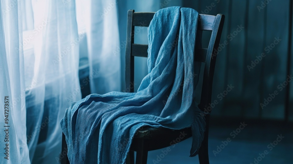 Sticker Blue Fabric Draped on a Wooden Chair